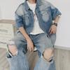 Men's Hong Kong Style Denim Summer Suit: Lapel Short-Sleeved Shirt & Ripped Wide-Leg Casual Pants Two-Piece Set