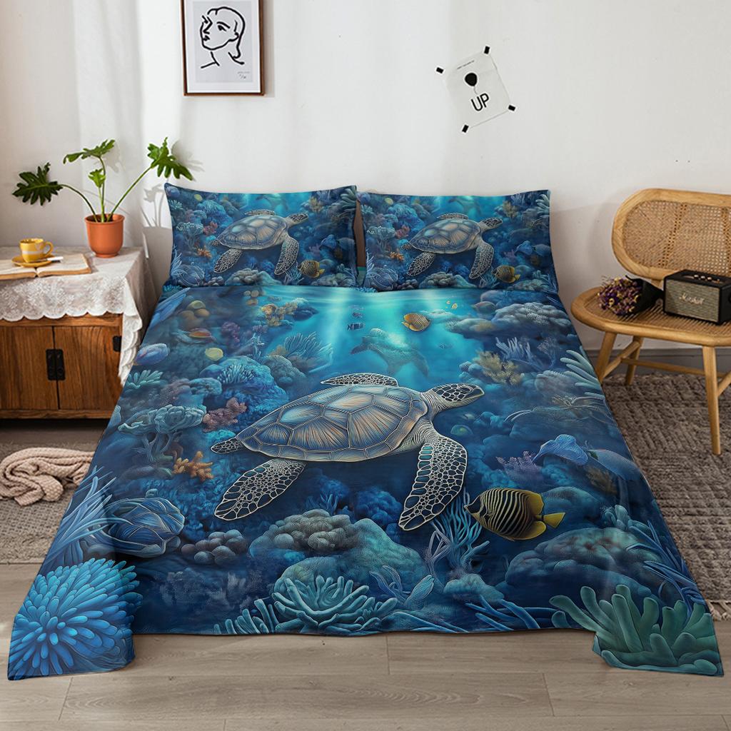 4-Piece Bed Sheet Set For Sea Turtles, Including 1 Flat Sheet, 1 Extra-Large Flat Sheet, 2 Pillowcases (Blue Tone, Seaside View)