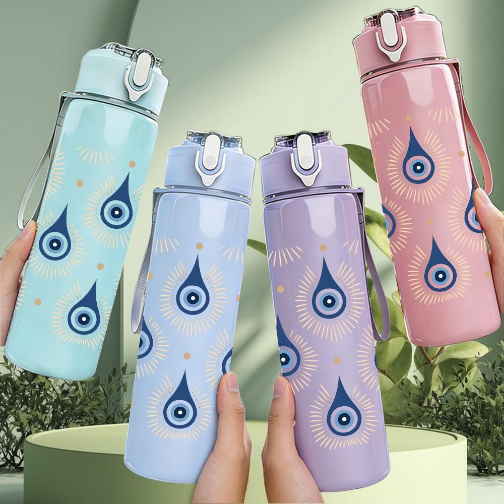 1PC Evil Eye Blue Drop Repeat Pattern 750ml Color Plastic Sports Water Bottle Leakproof Flip Straw Lid Suitable for Sports Office Home Use