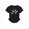 New American front shoulder pinch waist fold slim fit short sleeve T-shirt butterfly print high-end top women