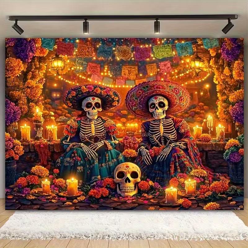 2D Dia de los Muertos Skeleton Backdrop with Colorful Papel Picado