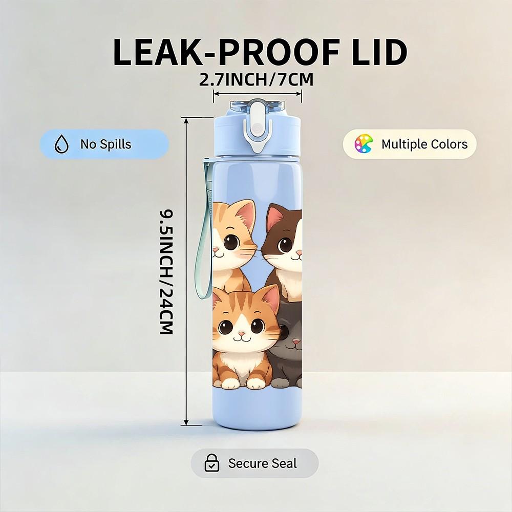1PC Family Kitten Stack Pattern 750ml Color Plastic Sports Water Bottle Leakproof Flip Straw Lid Suitable for Sports Office Home Use