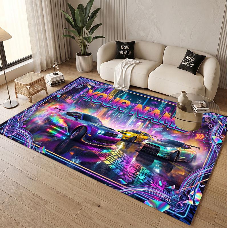 Neon Abstract Theme Soft Crystal Velvet Rug Custom Name & Text Print Non Slip Floor Rug for Bedroom Living Room