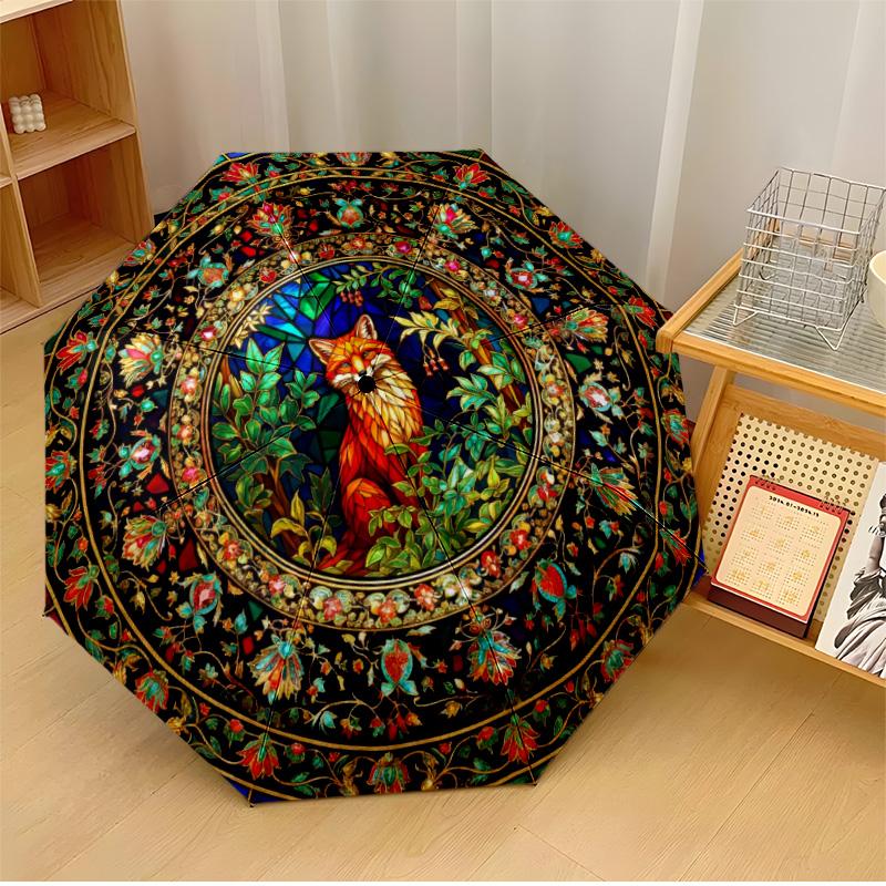 Stained Glass Fox (3) Printed umbrella windproof folding umbrella portable sun and rain umbrella suitable for gifting