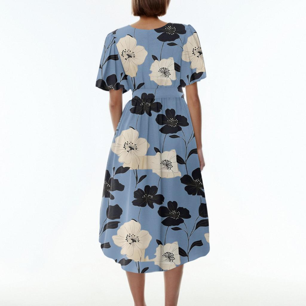 Женское свободное повседневное платье с V-образным вырезом, расклешенная юбка, короткие рукава, напечатанное платье с принтом