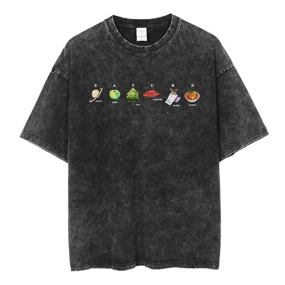 SZA Music Saturn Vintage Washed T Shirt Unisex Fashion Harajuku T-shirt Cotton Casual Loose Short Sleeve T Shirts Top Streetwear