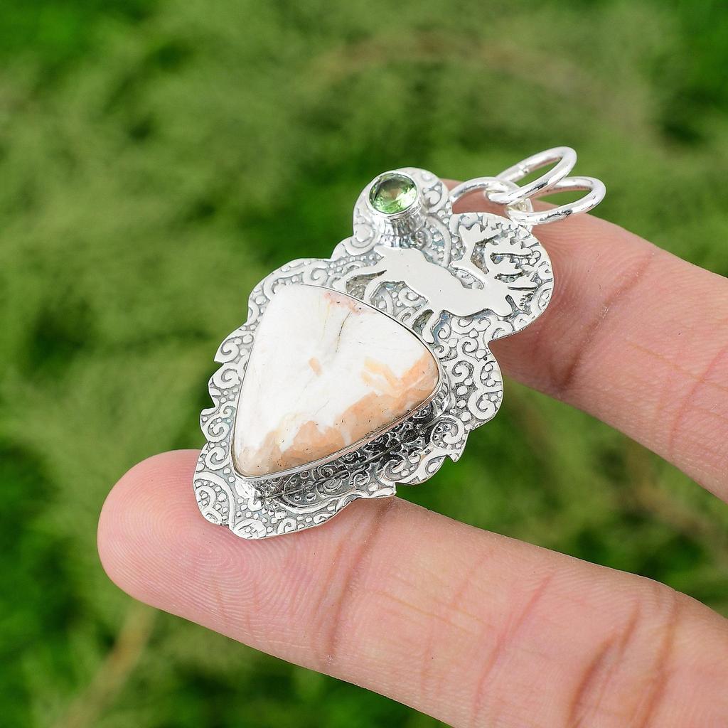 Trillion Scolecite Stone Peridot 925 Sterling Silver Elegant Anniversary Pendant