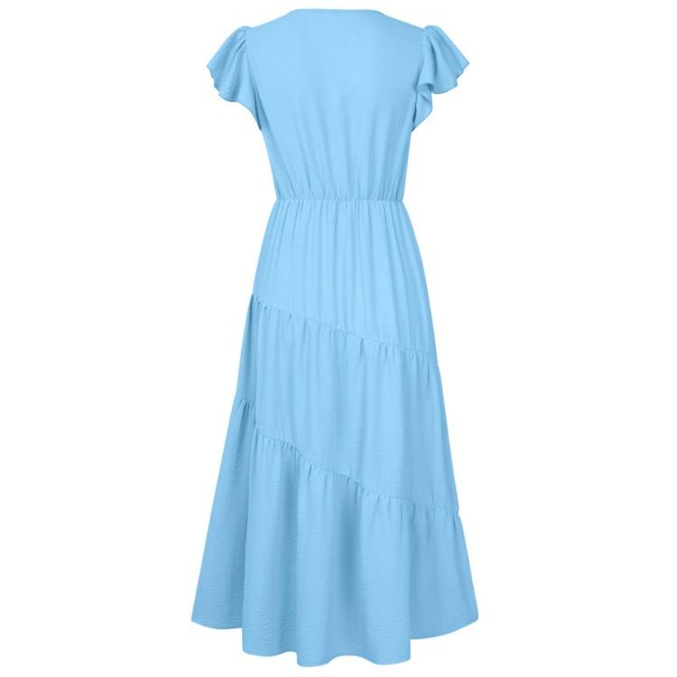 Women Summer Casual V-Neck Slim Dress Solid Color A-Line High Waist Layered Long Dresses Spring Short Lotus Leaf Sleeve S-XL