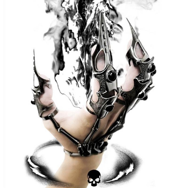 Готический панк перчатка в виде скелета руки, регулируемый металлический коготь на палец, кольца на весь палец в виде скелета для Хэллоуина, косплея и вечеринки