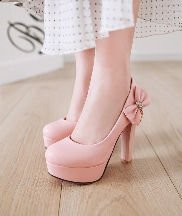 Женские туфли-лодочки из искусственной кожи на платформе, на очень высоком каблуке, с круглым носком и бантом, милые вечерние весенне-осенние туфли черного, белого, бежевого цвета