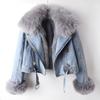 Women's Autumn and Winter Detachable Faux Fox Denim Jacket Cropped Top Pie Overcome