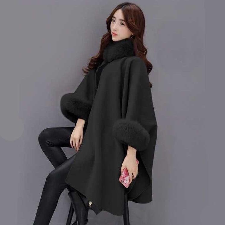 Autumn Women's Fashion Solid Color Fur Collar Medium Length Woolen Coat