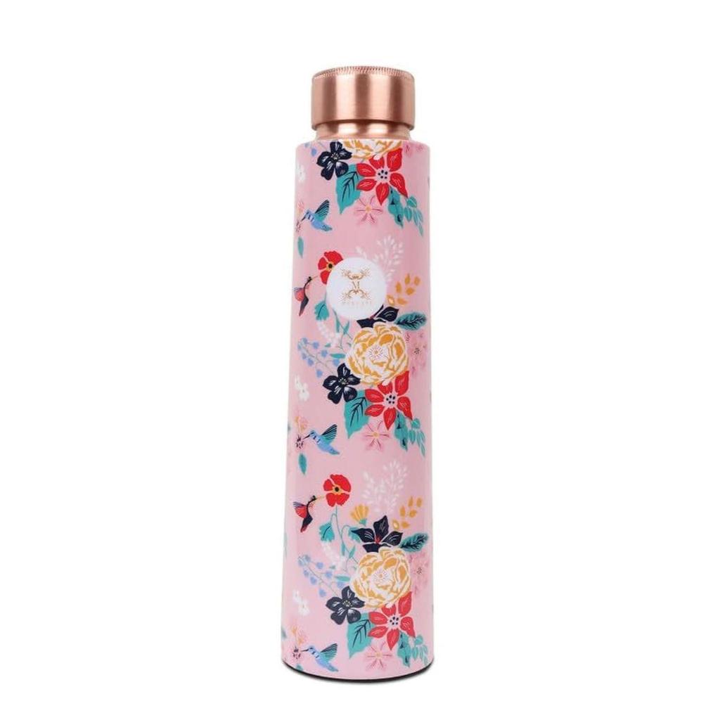 Copper Water Bottle 900 ml with Floral Printed Design | Jointless Construction | Leak-Resistant Screw Cap