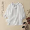 Women's Cotton & Linen Embroidered V-Neck 3/4 Sleeve Shirt - Comfortable & Soft Summer Top with New Collar Tie