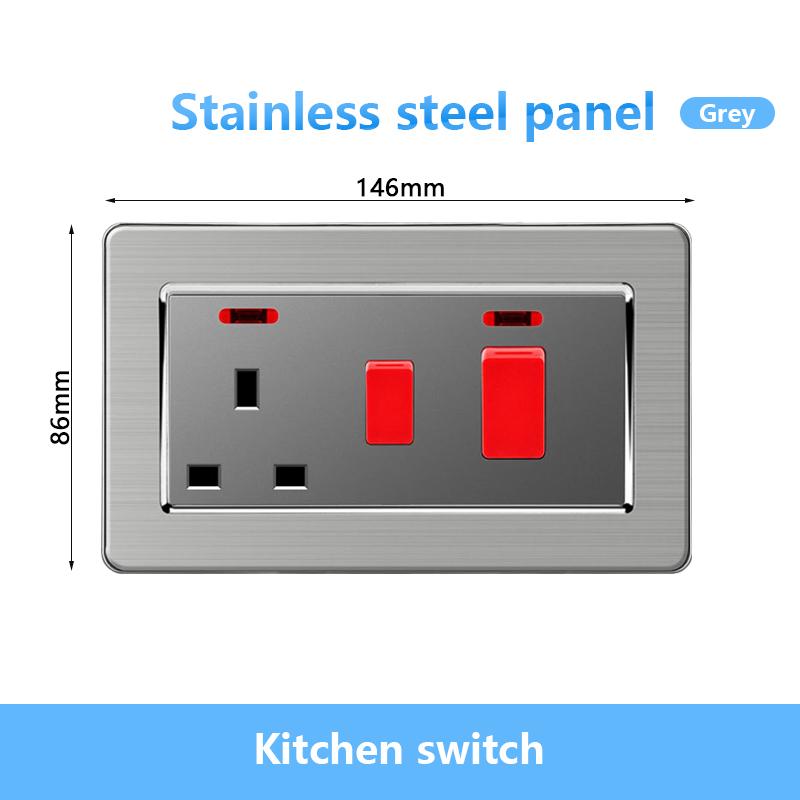 146 UK Standard 45A High Power Kitchen Electric Switch Socket 13A Wall Power Supply Cooker Glass Plastic Aluminum outlet Black
