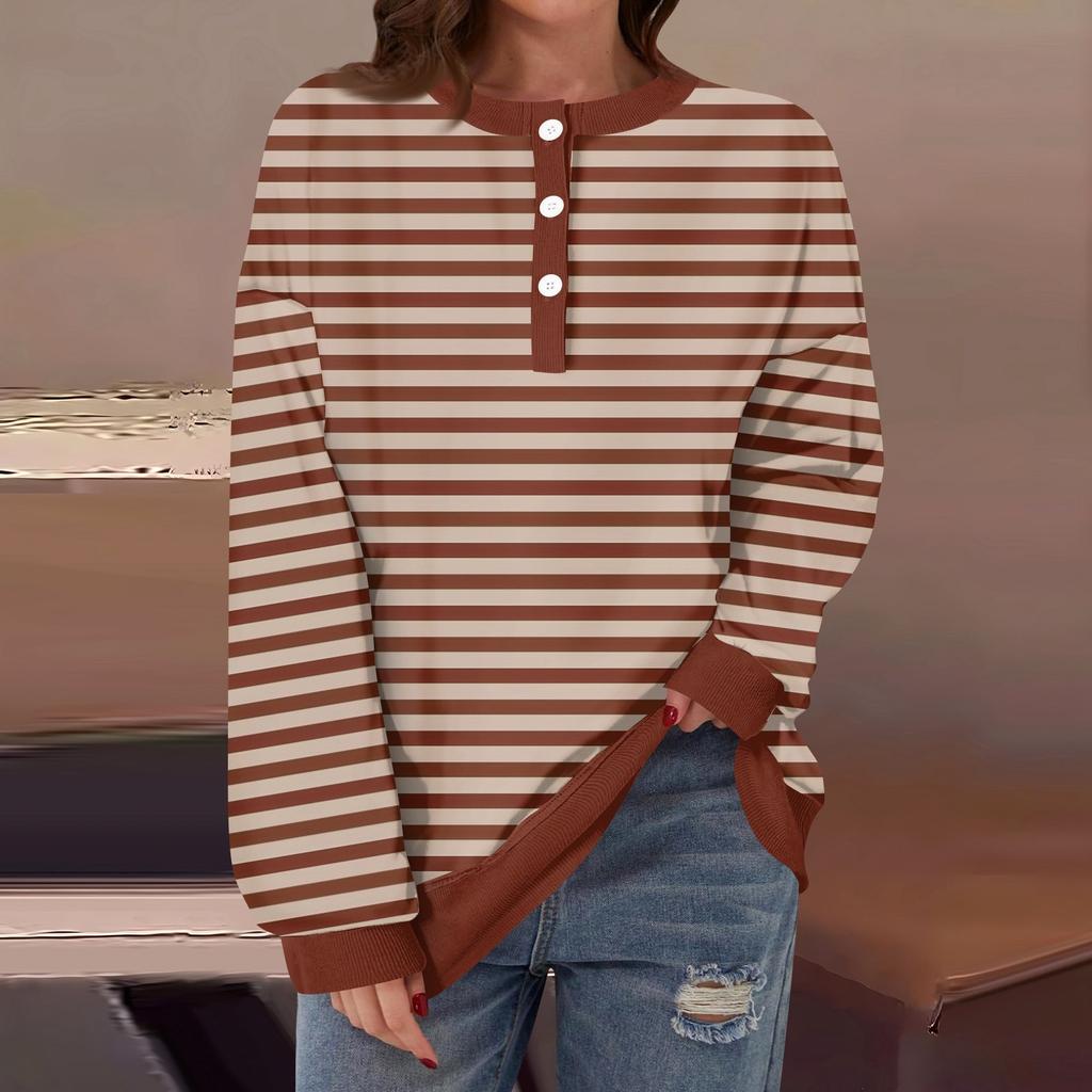 Женская повседневная мода удобная полосатая футболка с длинным рукавом и круглым вырезом на пуговицах, свободный подол с боковыми разрезами