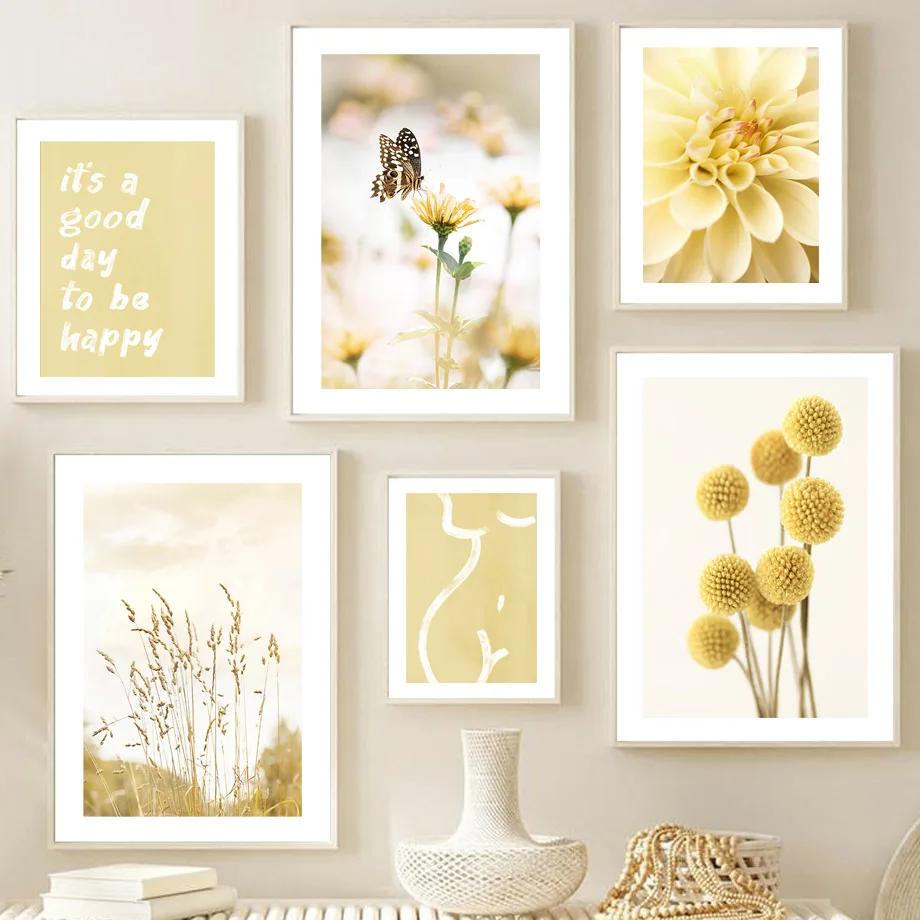 Yellow Dahlia Sunflower Orchid Butterfly Beige Wall Canvas Nordic Posters And Prints Pictures For Living Room Decor