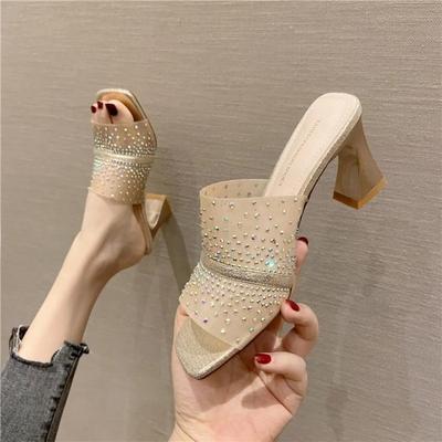 Слайды Обувь со стразами Золотые С открытым носком Женские тапочки и женские сандалии На каблуке Сексуальные Элегантные Модные H Сандалии Верхний дизайн 39