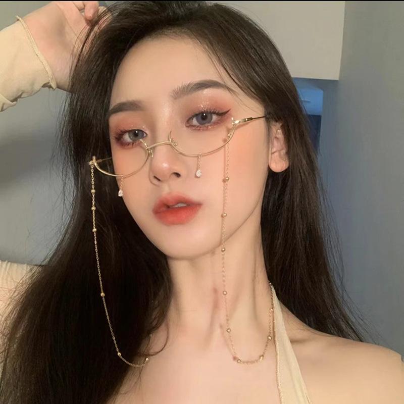 Оправа для очков без линз в форме полурамы, оправа для очков в стиле ретро с цепочкой без верхней оправы, персонализированные декоративные аксессуары, изогнутые оправы.