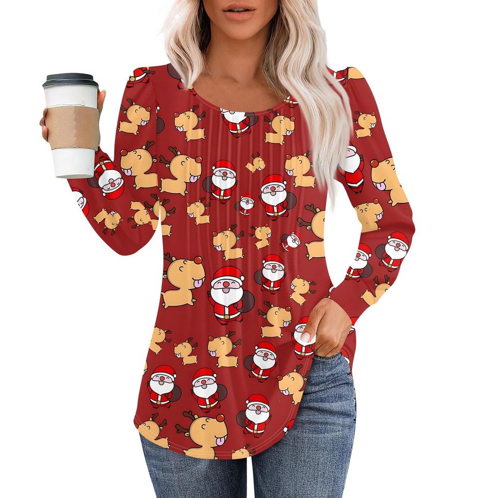 Рубашки с длинным рукавом для женщин, топы, нарядные повседневные блузки с рождественским принтом, плиссированные туники с круглым вырезом