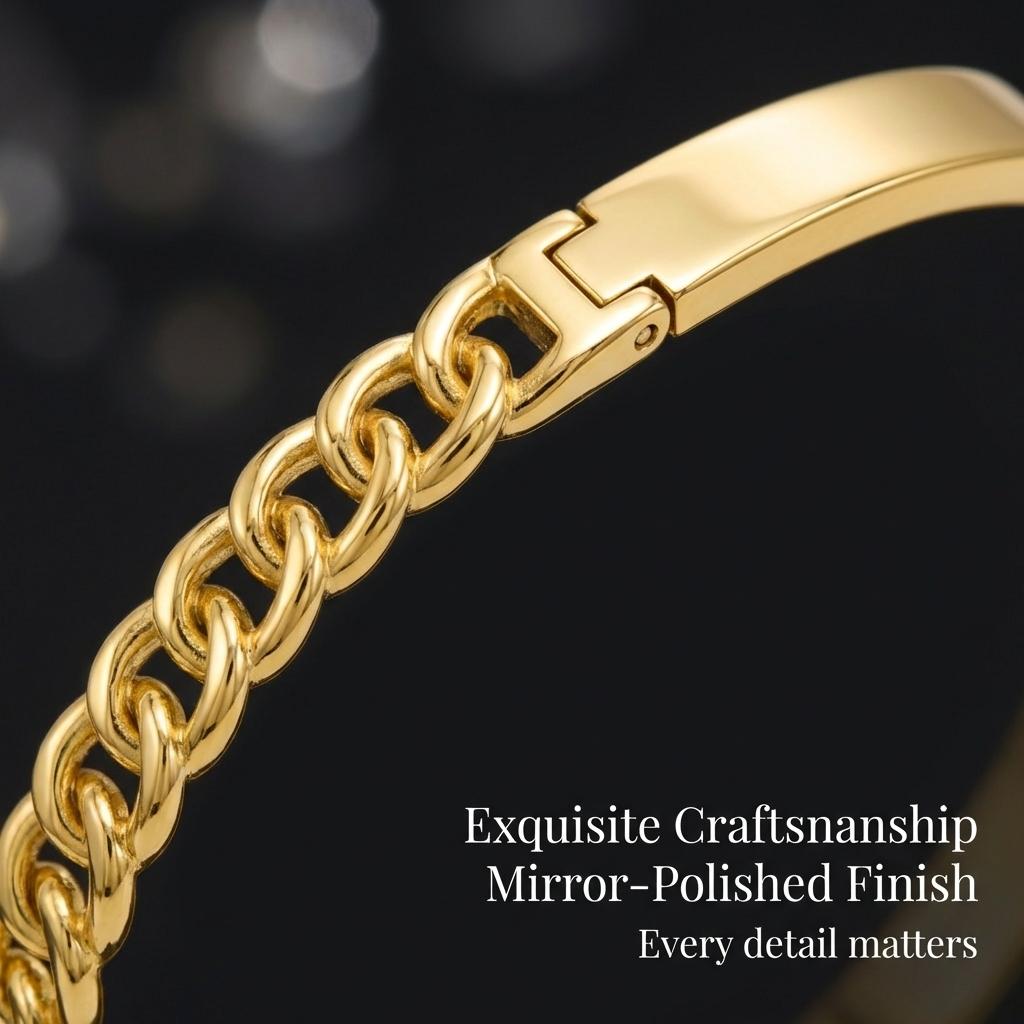 Elegant Gold Color Snap Bracelet Stainless Steel Chain Link Bangle Luxe Feel Unisex Jewelry (60mm Inner Diameter)