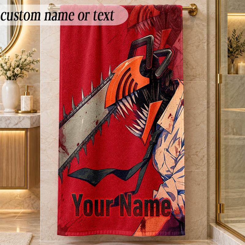 Beach TowelChainsaw Man Custom Name Text Personalized Soft Towel for Beach Pool Indoor Home Decor Gift