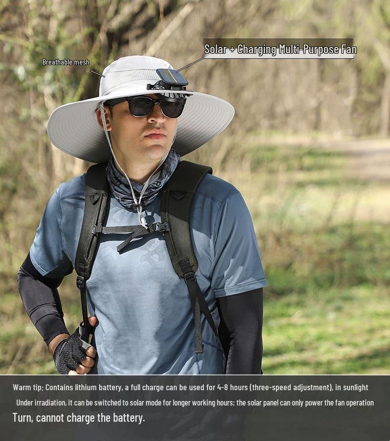 Перезаряжаемая шляпа от солнца с двойным вентилятором на солнечной батарее для мужчин
