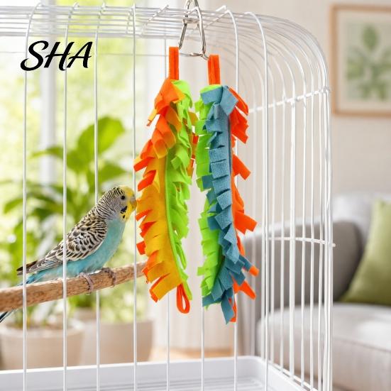 Colorful Pet Foraging Toy 2Pcs Parrot Chewing with Metal Hanging Ring, Felt Strips, Small Animal Bite Climbing Activity for Cockatiels Conures