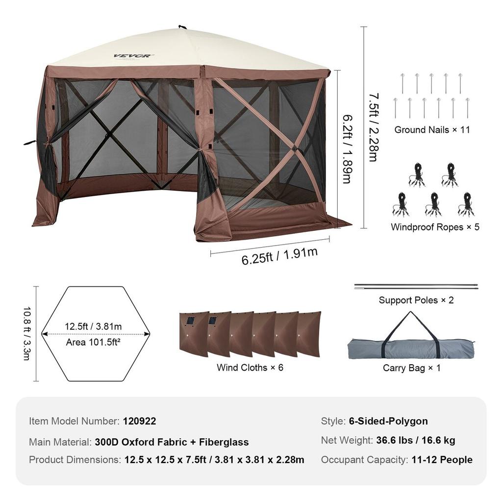 Pop Up Gazebo Tent Pop-Up Screen Tent 6 Sided Canopy Sun Shelter Brown
