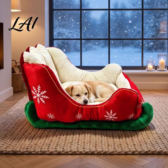Маленькая Средняя Собачья Лежанка Рождественские Сани Уютная Праздничная Лежанка в Форме Санки для Питомца Кошки Диван Противоскользящая Основа Мягкая Подушка Моющаяся для Сна Кошек Собак Замшевый Домик