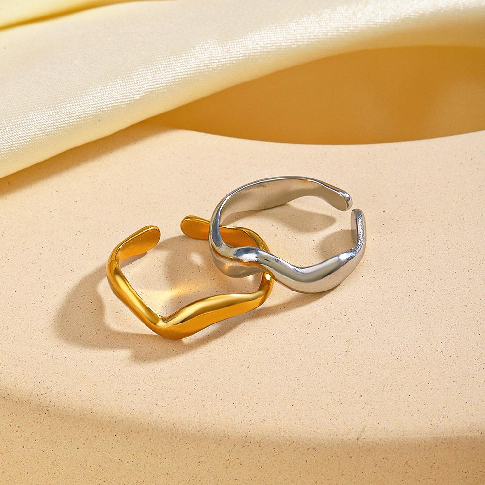 Stainless Steel New Gold Color Creative Handmade Rings for Women Irregular Wave Smooth Engagement Simple Jewelry Adjustable Ring