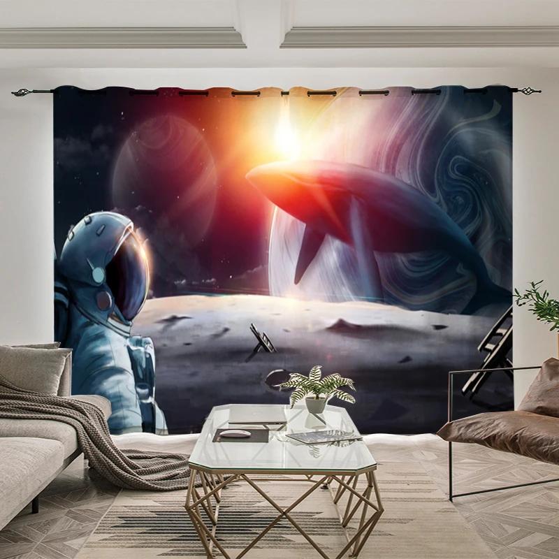 Outer Space Astronaut Style High Blackout Drapes Whale Planet Sci-Fi Indoor Shading Drape Children Bedroom Space Curtain Contemporary Design