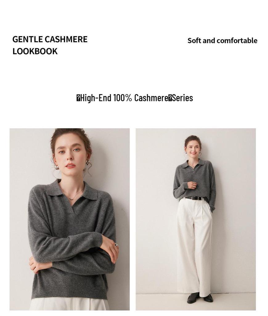 Women's Polo Collar 100% Cashmere Sweater - Autumn/Winter 26, Loose Fit, Slimming Base Layer, Korean Style, Warm and Cozy