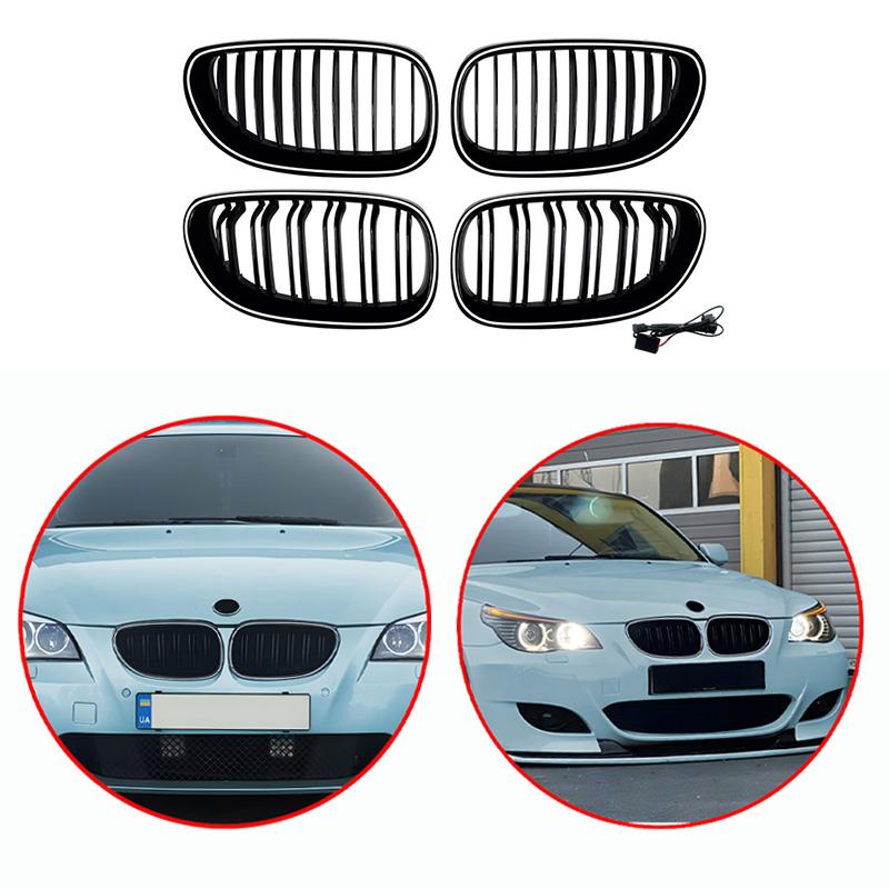Для BMW 5 серии E60 E61 2004-2010 Высококачественная ABS Однорядная и Двухрядная Светодиодная Решетка Радиатора "Ноздри" Передние Гоночные Решетки Глянцевый Черный
