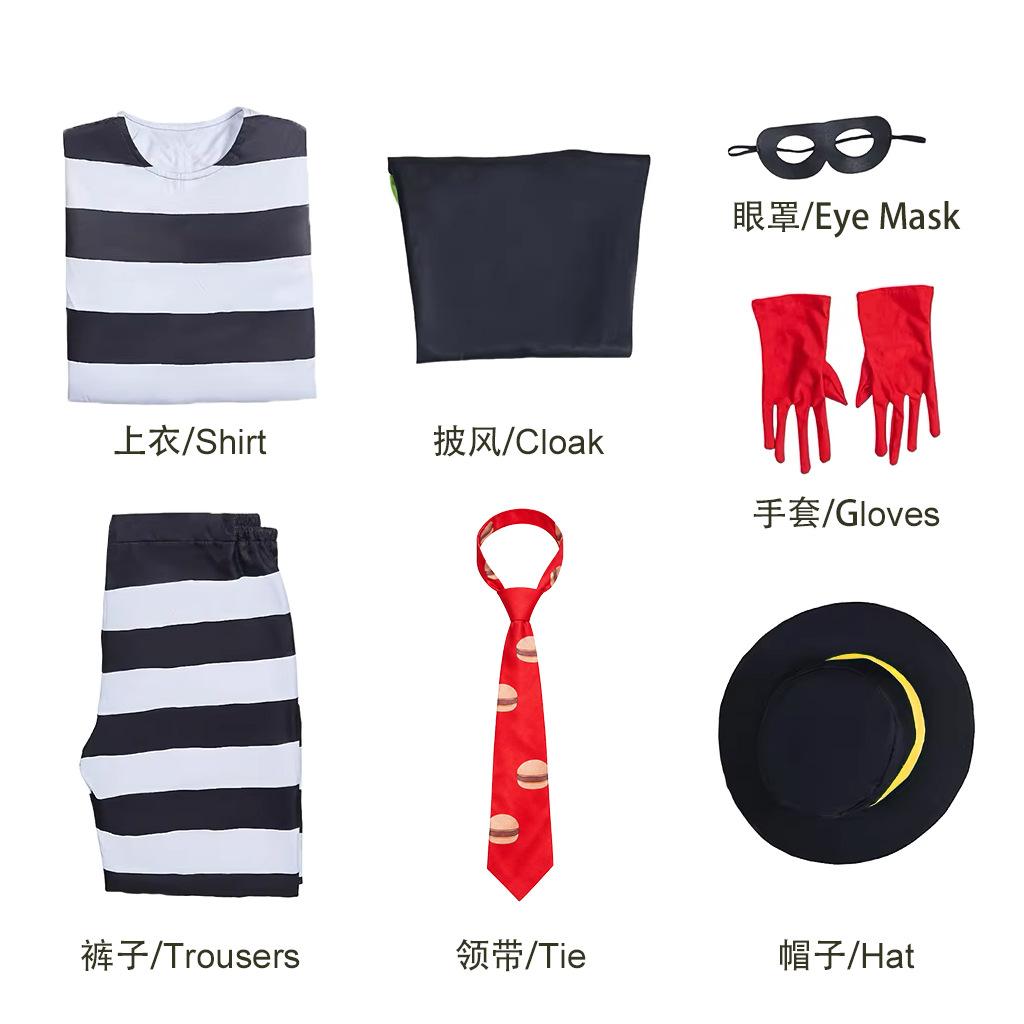 Adult Hamburglar Cosplay Costume, Black‑White Striped Burglar Fancy Dress Outfit for Halloween
