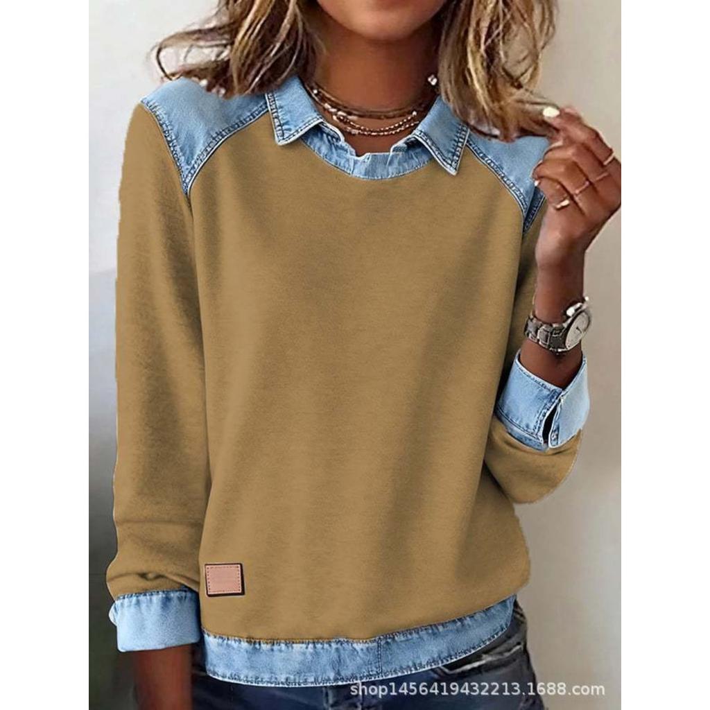 Women's Clothing, Denim Collar Long Sleeved Pullover Spliced Knit Sweater Top