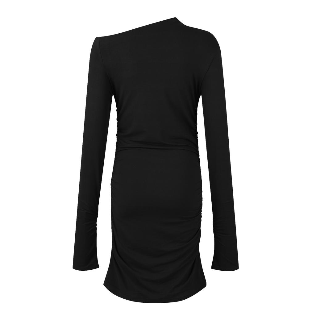 Модное женское повседневное сплошное цветное сексуальное плиссированное платье с длинными рукавами и круглым вырезом