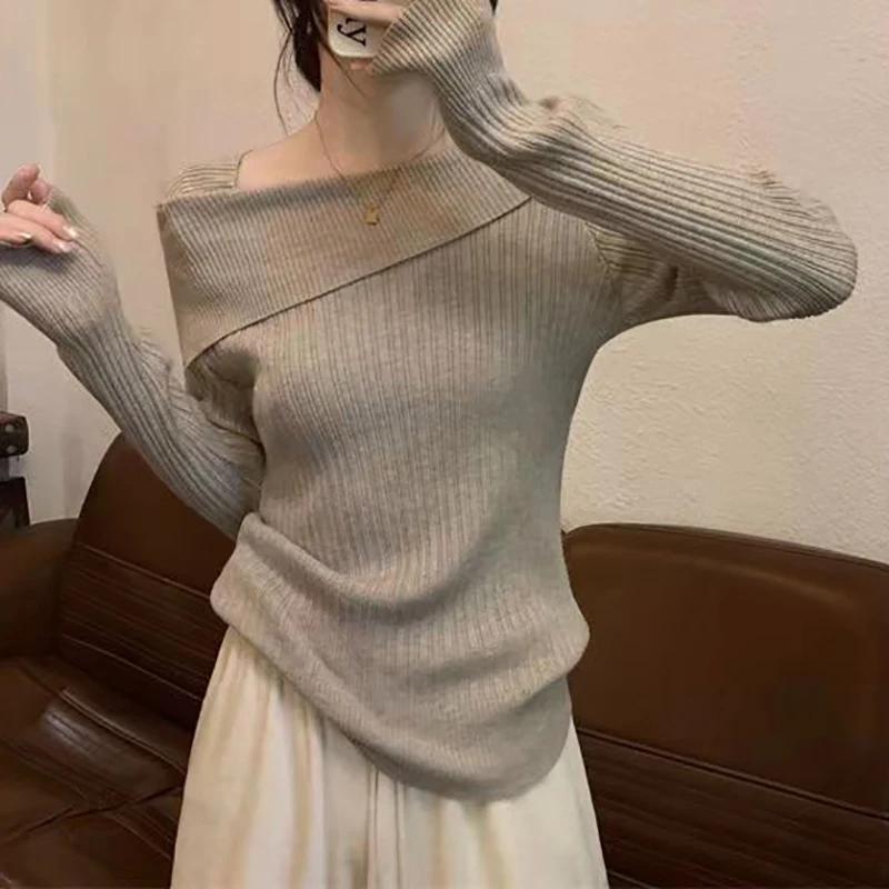 Women Slim Off Shoulder Knit Sweater Slash Neck Long Sleeve Knitwear Jumpers Office Sweater For Women Autumn Winter