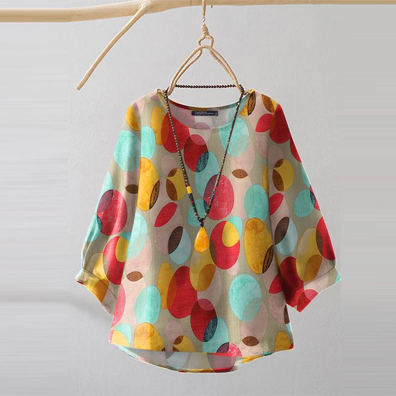 ZANZEA Women Round Neck 3/4 Sleeve Casual Print Blouse
