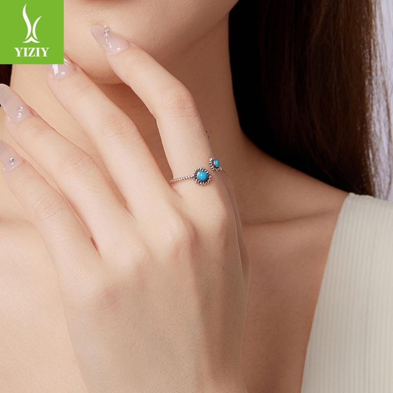Vintage Sunflower Turquoise Open Ring, Couple'S Classical Engraved S925 Sterling Silver Ring