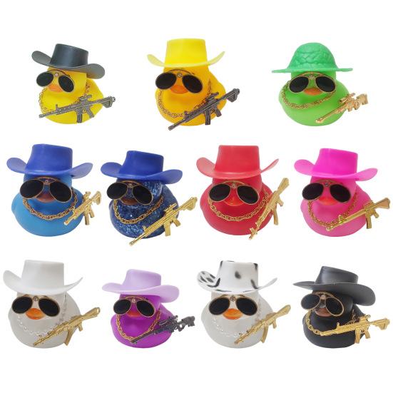 Duck Ornament Squeaky Car Dashboard Decoration Set Funny Yellow Duck Figure with Cowboy Hat Sunglasses Golden Chain Decor