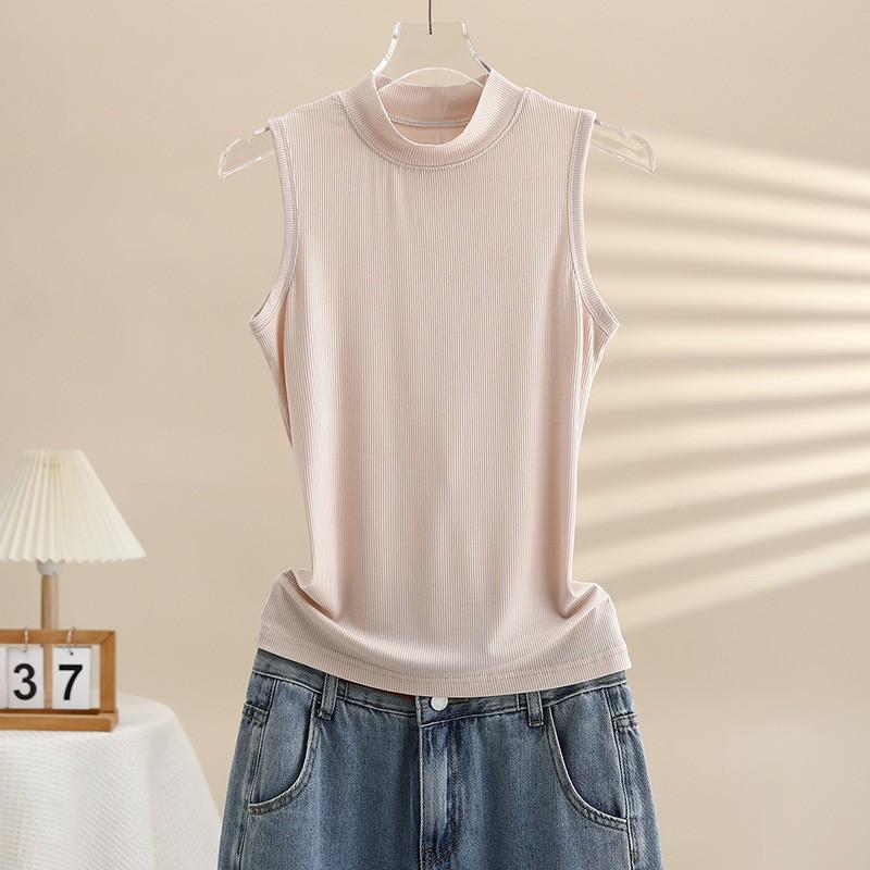 Женский облегающий хлопковый жилет без рукавов с полувысоким воротником - Летний топ однотонной расцветки