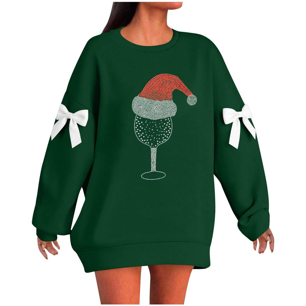 Ladies' Christmas Printed Bow Round Neck Long Sleeved Loose Pullover Sweater Sweatshirt Top