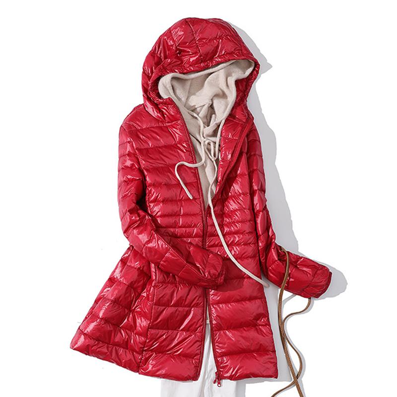 Женская ультралегкая белая куртка на утином пуху, женская осенне-зимняя теплая куртка, повседневная тонкая длинная куртка с капюшоном на утином пуху, женская верхняя одежда