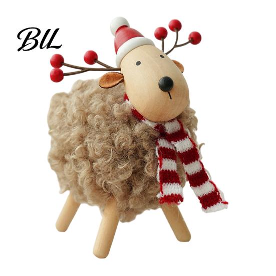 Durable Wood Tabletop Decor Wooden Christmas Sheep Figurine with Scarf Santa Hat, Plush Fleece Cute Animal Table Decorations Lamb Ornament,