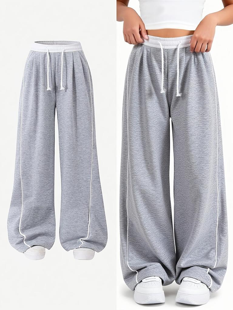 Kids Girls Contrast Line Drawstring Waist Baggy Wide Leg Heather Gray Casual Sport Sweatpants