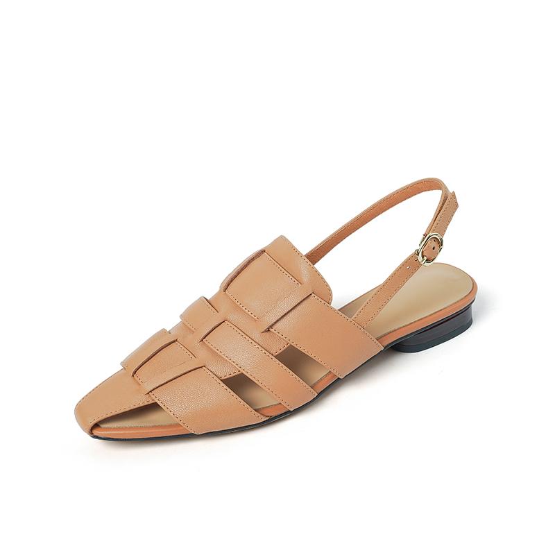 2024 Новые летние женские сандалии из натуральной кожи для женщин Туфли с квадратным носком на низком каблуке с закрытым носком Женские плетеные туфли с открытой пяткой