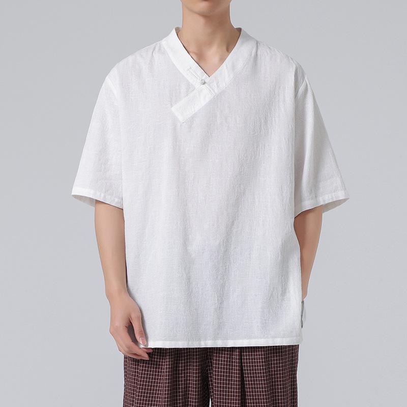 Мужская летняя футболка с коротким рукавом из хлопка и льна на пуговицах-лягушках – Большой размер в китайском стиле ханфу