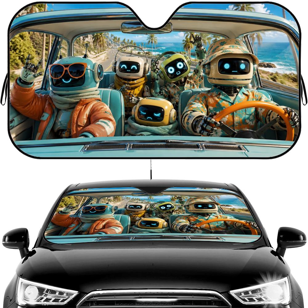 Funny Robot Driving Sun Visor Car Windshield Sun Shade UV Protection Heat Insulation Cover Universal Sun Protector