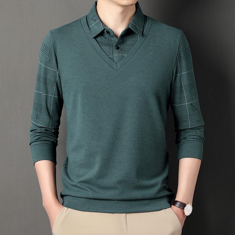 Spring and Autumn Men's Long-Sleeved Fake Two-Piece T-shirt Middle-Aged Lapel Casual Plaid Polo Shirt Top